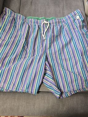 Lands' End Men's Striped Swim Trunks in Blue, Green & Pink